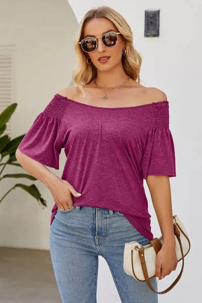 Smocked Round Neck Flutter Sleeve T-Shirt Women's T-Shirts - Tophatter Daily Deals